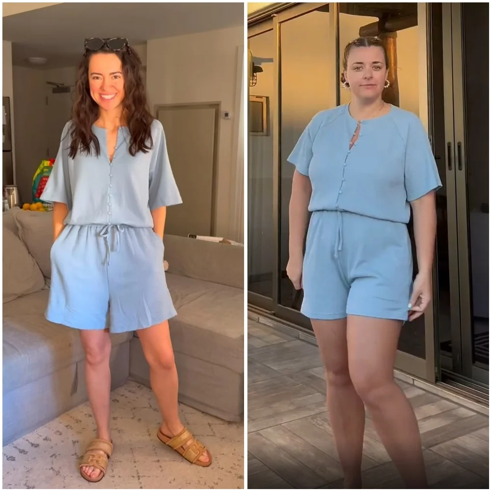 NEW Fixmatti Green Waffle Knit Crew Button Short Sleeve Romper Jumpsuit Beach S - Picture 9 of 15